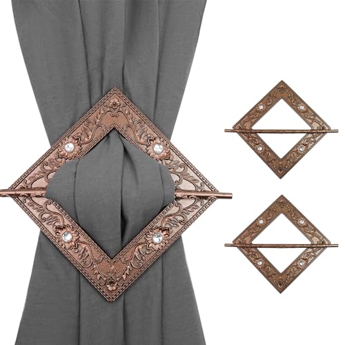 Mewutal Quadratische Vorhang-Raffhalter, Kristall, dekorative Vorhanghalter, Vintage-Bronze, Raffhalter, einfacher Stil, Vorhangschnallen, Halter für Fensterdekoration (Bronzefarben, quadratisch), 2 von Mewutal