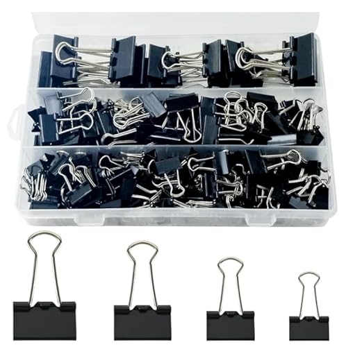 Mexgcom 170 Stück Foldback Klammern - 15mm/19mm/25mm/32mm Papierklammern Schwarz - Binder Clips Metall Klammern Büroklammern - Dokumenten Clips für Schule, Büro und Haushalt (Schwarz) von Mexgcom