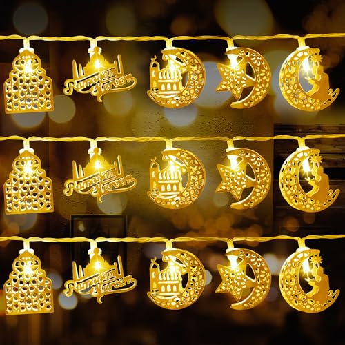 Mexllex Ramadan Mubarak Eid-Lichterkette, 3M 20 LED Mond-Stern-Schloss-Laternenlampe, Stern-Fee-Lichterkette, Modi-Dekor für muslimische islamische Heimdekoration, drinnen und draußen, warmes Gelb von Mexllex