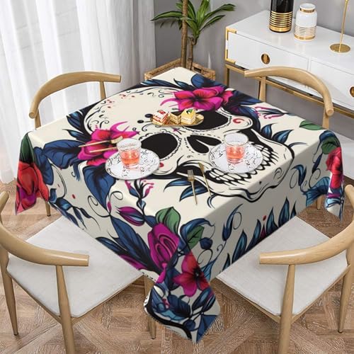 Mexpekil Quadratische Tischdecke, Motiv: Totenkopf, Blumenblätter, 140 x 140 cm, waschbar, schmutzabweisend, dekorative Tischdecke für Esstisch, Party von Mexpekil