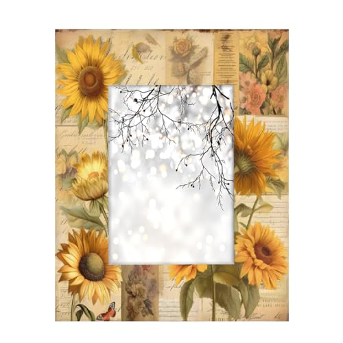 Mexpekil Rechteckiger Bilderrahmen, 12,7 x 17,8 cm, Retro-Zeitung, Sonnenblumen, Holz, Fotorahmen für Schreibtisch, Tischplatte, Wandcollage, Dekoration, Wandmontage, Bilderrahmen ohne Matte von Mexpekil
