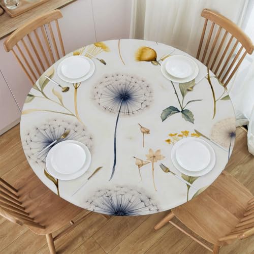 Mexpekil Runde Tischdecke, Aquarell, Löwenzahn, Blume, Blätter, runde Tischdecke, elastisch, wasserdicht, Tischdecke für drinnen und draußen, Küche, Garten, Esszimmer, Größe M von Mexpekil