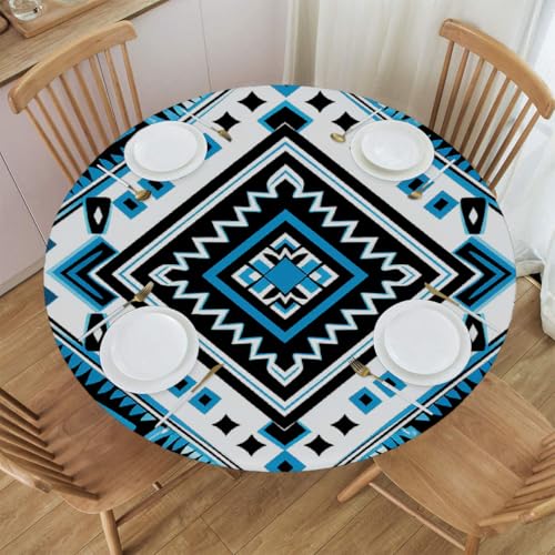 Mexpekil Runde Tischdecke, Aztekenmuster, geometrisch, blau, runde Tischdecke, elastisch, wasserdicht, Tischdecke für drinnen und draußen, Küche, Garten, Esszimmer, M von Mexpekil