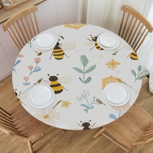 Mexpekil Runde Tischdecke, Cartoon-Biene, Blumen, runde Tischdecke, elastisch, wasserdicht, Tischdecke für drinnen und draußen, Küche, Garten, Esszimmer, M von Mexpekil