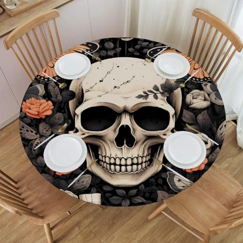 Mexpekil Runde Tischdecke, Gothic, Schmetterling, Totenkopf, Rose, runde Tischdecke, elastisch, wasserdicht, Tischdecke für drinnen und draußen, Küche, Garten, Esszimmer, M von Mexpekil