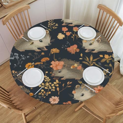 Mexpekil Runde Tischdecke, Igel, Blumen und Kürbisse, runde Tischdecke, elastisch, wasserdicht, Tischdecke für drinnen und draußen, Küche, Garten, Esszimmer, M von Mexpekil