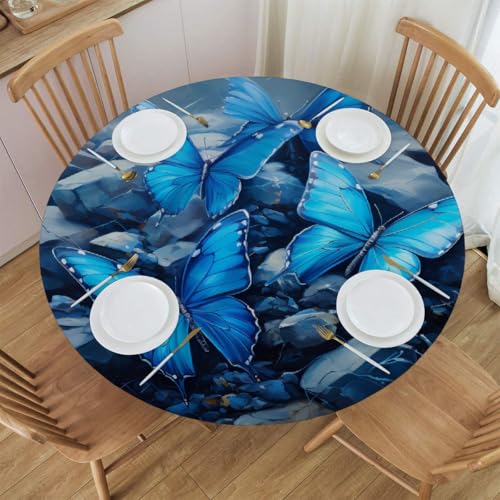 Mexpekil Runde Tischdecke, Kunstmalerei, blauer Schmetterling, runde Tischdecke, elastisch, wasserdicht, Tischdecke für drinnen und draußen, Küche, Garten, Esszimmer, M von Mexpekil