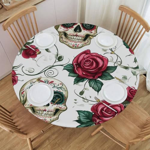 Mexpekil Runde Tischdecke, Motiv: Zuckerschädel und Rosen, runde Tischdecke, elastisch, wasserdicht, Tischdecke für drinnen und draußen, Küche, Garten, Esszimmer, M von Mexpekil