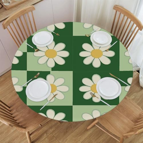 Mexpekil Runde Tischdecke, Retro, Gänseblümchen, kariert, runde Tischdecke, elastisch, wasserdicht, Tischdecke für drinnen und draußen, Küche, Garten, Esszimmer, M von Mexpekil
