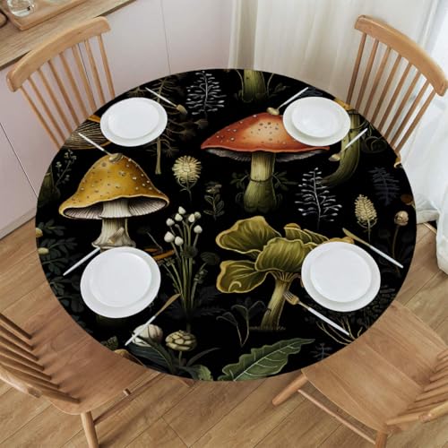 Mexpekil Runde Tischdecke, Vintage-Pilzblume, runde Tischdecke, elastisch, wasserdicht, Tischdecke für drinnen und draußen, Küche, Garten, Esszimmer, M von Mexpekil