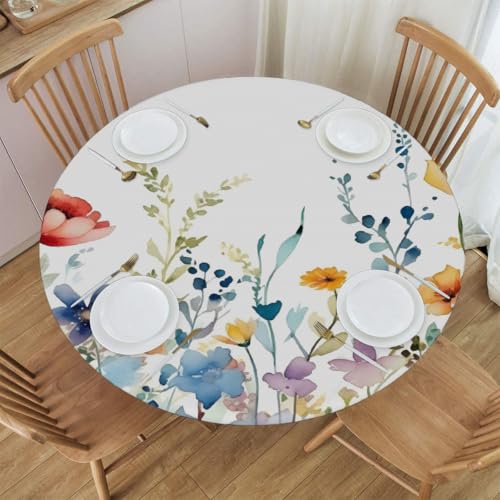 Mexpekil Runde Tischdecke, Wasserfarben, Frühlingsgänseblümchen, runde Tischdecke, elastisch, wasserdicht, Tischdecke für drinnen und draußen, Küche, Garten, Esszimmer, Größe M von Mexpekil