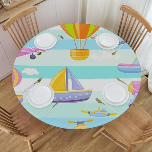Mexpekil Runde Tischdecke, bunt, niedlich, Cartoon, Auto, Boot, runde Tischdecke, elastisch, wasserdicht, Tischdecke für drinnen und draußen, Küche, Garten, Esszimmer, M von Mexpekil