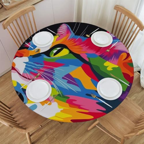 Mexpekil Runde Tischdecke, bunte Katze, runde Tischdecke, elastisch, wasserdicht, Tischdecke für drinnen und draußen, Küche, Garten, Esszimmer, Größe M von Mexpekil