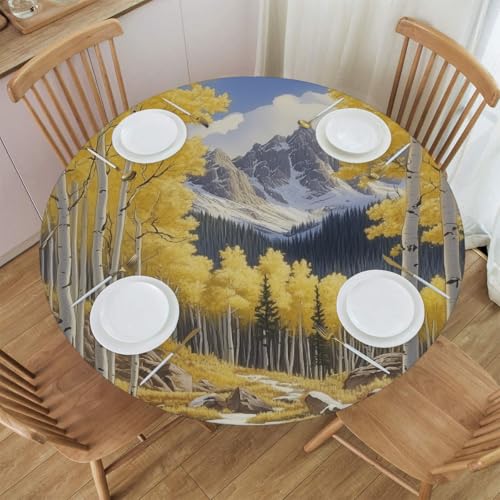 Mexpekil Runde Tischdecke, ein Bergwald mit gelben Bäumen, runde Tischdecke, elastisch, wasserdicht, Tischdecke für drinnen und draußen, Küche, Garten, Esszimmer, M von Mexpekil