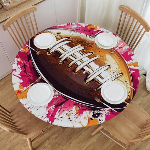 Mexpekil Runde Tischdecke, elastische Kanten, wasserdicht, für Terrasse, Garten, Küche (Aquarell, American Football, Durchmesser 114,4 - 127,7 cm) von Mexpekil