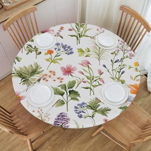 Mexpekil Runde Tischdecke, elastische Kanten, wasserdicht, für Terrasse, Garten, Küche (Frühlingsblumen-Durchmesser 114,4 - 127,7 cm) von Mexpekil
