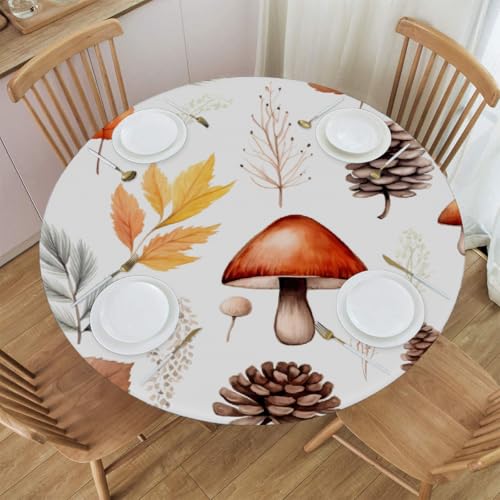 Mexpekil Runde Tischdecke, elastische Kanten, wasserdicht, für Terrasse, Garten, Küche (Herbstblattpilz, Durchmesser 114,4 - 127,7 cm) von Mexpekil