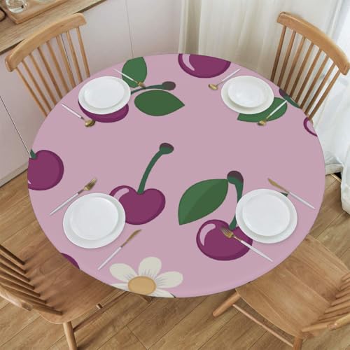 Mexpekil Runde Tischdecke, elastische Kanten, wasserdicht, für Terrasse, Garten, Küche (Kirschen und Blumen, Durchmesser 114,4 - 127,7 cm) von Mexpekil