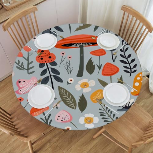 Mexpekil Runde Tischdecke, elastische Kanten, wasserdicht, für Terrasse, Garten, Küche (Mashroom Floral Leaf Durchmesser 114,4 - 127,7 cm) von Mexpekil