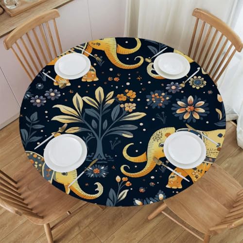 Mexpekil Runde Tischdecke, elastische Kanten, wasserdicht, für Terrasse, Garten, Küche (Paisley-Elefant, Durchmesser 114,4 - 127,7 cm) von Mexpekil