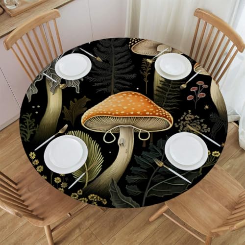 Mexpekil Runde Tischdecke, elastische Kanten, wasserdicht, für Terrasse, Garten, Küche (Retro, Herbstpilz, Durchmesser 114,4 - 127,7 cm) von Mexpekil