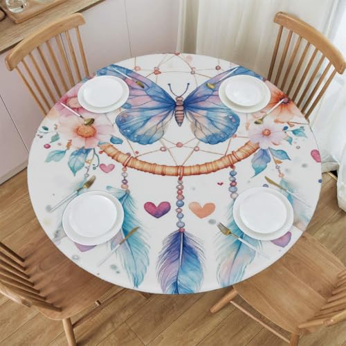 Mexpekil Runde Tischdecke, elastische Kanten, wasserdicht, für Terrasse, Garten, Küche (Traumfänger, Blumen und Herzen, Durchmesser 114,4 - 127,7 cm) von Mexpekil
