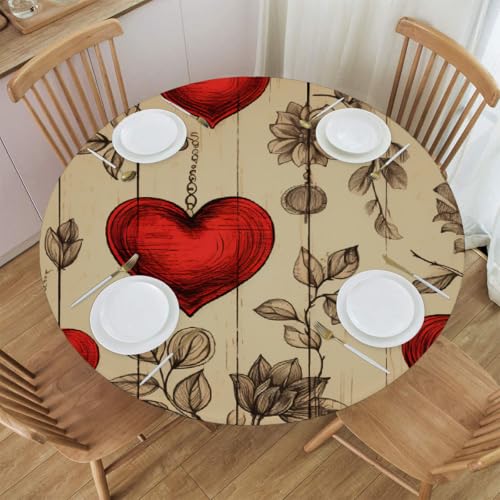 Mexpekil Runde Tischdecke, elastische Kanten, wasserdicht, für Terrasse, Garten, Küche (Vintage-Holz, rotes Herz, Durchmesser 114,4 - 127,7 cm) von Mexpekil