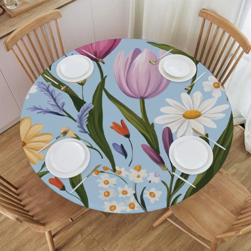 Mexpekil Runde Tischdecke, elastische Kanten, wasserdicht, für Terrasse, Garten, Küche (Wildblumen-Blumenmuster, Durchmesser 114,4 - 127,7 cm) von Mexpekil