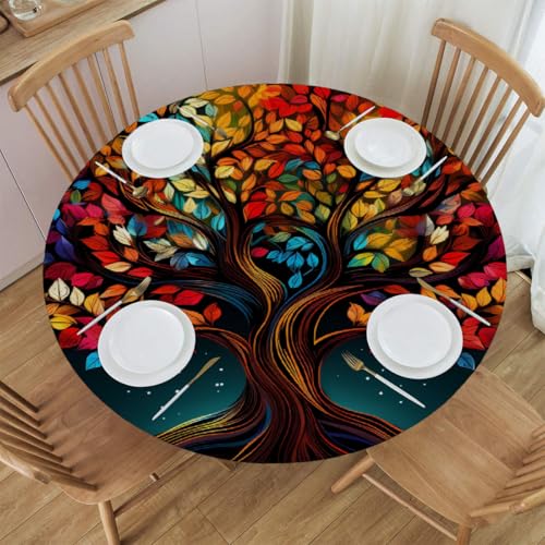 Mexpekil Runde Tischdecke, elastische Kanten, wasserdicht, für Terrasse, Garten, Küche (bunte Äste, Blätter, Durchmesser 114,4 - 127,7 cm) von Mexpekil