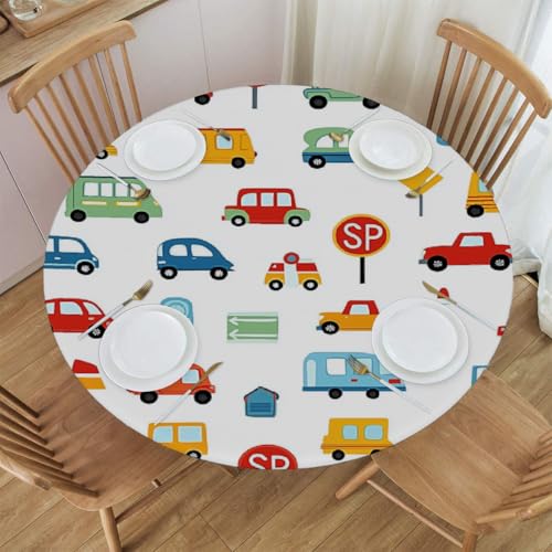 Mexpekil Runde Tischdecke, elastische Kanten, wasserdicht, für Terrasse, Garten, Küche (bunte Autos und LKWs, Durchmesser 114,4 - 127,7 cm) von Mexpekil