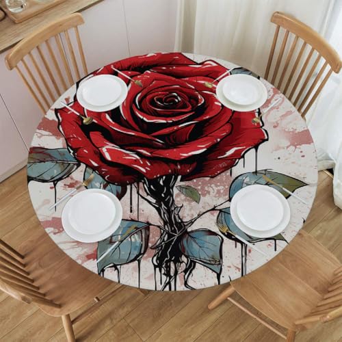 Mexpekil Runde Tischdecke, elastische Kanten, wasserdicht, für Terrasse, Garten, Küche (rote Rose, Tintenspritzer, Durchmesser 114,4 - 127,7 cm) von Mexpekil