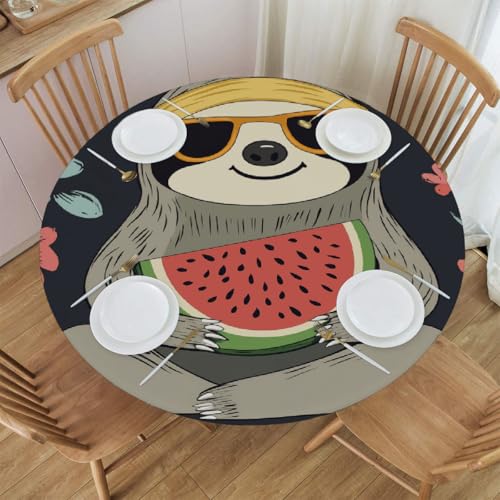 Mexpekil Runde Tischdecke, elastische Kanten, wasserdicht, für Terrasse, Garten, Küche (süßes Faultier, Wassermelone und Blumen, Durchmesser 114,4 - 127,7 cm) von Mexpekil
