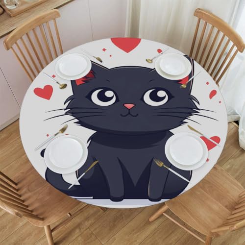 Mexpekil Runde Tischdecke, elastische Kanten, wasserdicht, für Terrasse, Garten, Küche (süßes schwarzes Katzen-Herz, Durchmesser 114,4 - 127,7 cm) von Mexpekil
