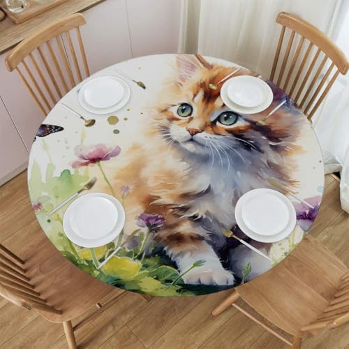 Mexpekil Runde Tischdecke, elastische Kanten, wasserdicht, für den Außenbereich, für Terrasse, Garten, Küche (niedliche Katze, Schmetterling, Durchmesser 114,4 - 127,7 cm) von Mexpekil