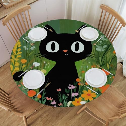 Mexpekil Runde Tischdecke, elastische Kanten, wasserdicht, für den Außenbereich, für Terrasse, Garten, Küche (niedliche schwarze Katze, Durchmesser 114,4 - 127,7 cm) von Mexpekil
