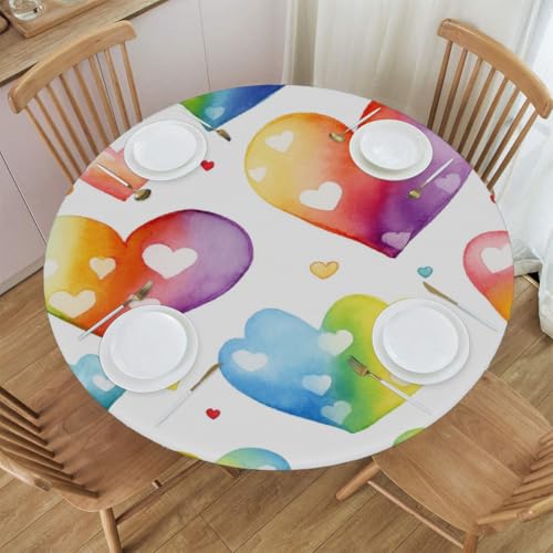 Mexpekil Runde Tischdecke, elastische Kanten, wasserdicht, rund, für Terrasse, Garten, Küche (Herz Aquarell, Durchmesser 114,4 - 127,7 cm) von Mexpekil