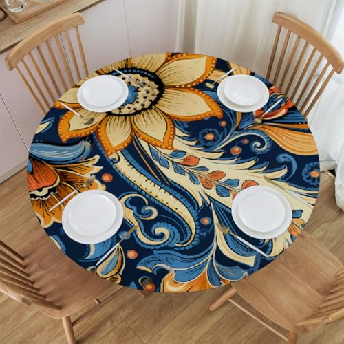 Mexpekil Runde Tischdecke, ethnisches Blumenmuster, Paisleymuster, rund, elastisch, wasserdicht, Tischdecke für drinnen und draußen, Küche, Garten, Esszimmer, M von Mexpekil