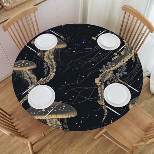 Mexpekil Runde Tischdecke, gelbe Quallen, Ozean, runde Tischdecke, elastisch, wasserdicht, Tischdecke für drinnen und draußen, Küche, Garten, Esszimmer, M von Mexpekil