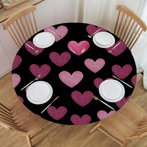Mexpekil Runde Tischdecke, glitzernde und rosa Herzen, runde Tischdecke, elastisch, wasserdicht, Tischdecke für drinnen und draußen, Küche, Garten, Esszimmer, M von Mexpekil