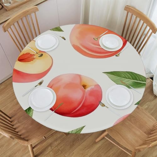 Mexpekil Runde Tischdecke, niedliche Pfirsichblätter, Pfirsichblätter, runde Tischdecke, elastisch, wasserdicht, Tischdecke für drinnen und draußen, Küche, Garten, Esszimmer, M von Mexpekil
