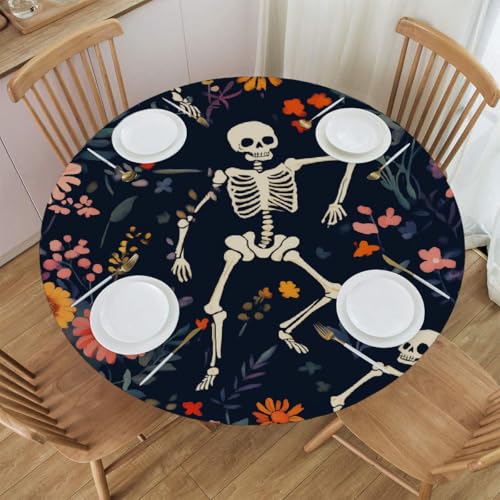 Mexpekil Runde Tischdecke, niedliche Skelette und Blumen, runde Tischdecke, elastisch, wasserdicht, Tischdecke für drinnen und draußen, Küche, Garten, Esszimmer, M von Mexpekil