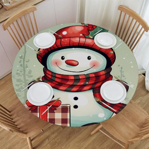 Mexpekil Runde Tischdecke, niedlicher Weihnachts-Schneemann, Schnee, runde Tischdecke, elastisch, wasserdicht, Tischdecke für drinnen und draußen, Küche, Garten, Esszimmer, M von Mexpekil