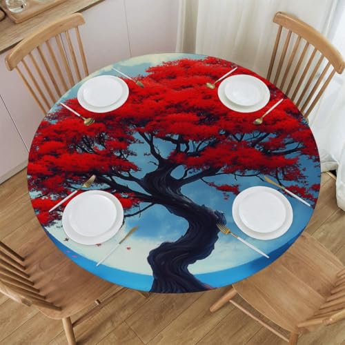 Mexpekil Runde Tischdecke, roter japanischer Ahornbaum mit Mond, runde Tischdecke, elastisch, wasserdicht, Tischdecke für drinnen und draußen, Küche, Garten, Esszimmer, M von Mexpekil