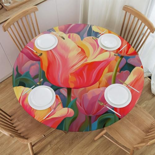 Mexpekil Runde Tischdecke, schöne Tulpenblumen, runde Tischdecke, elastisch, wasserdicht, Tischdecke für drinnen und draußen, Küche, Garten, Esszimmer, M von Mexpekil