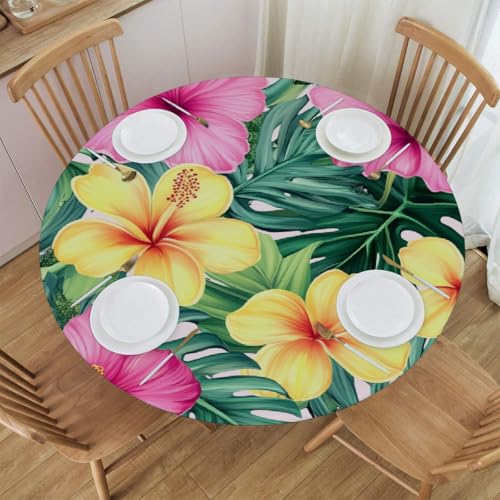 Mexpekil Runde Tischdecke, tropische Blumen und Palmblätter, runde Tischdecke, elastisch, wasserdicht, Tischdecke für drinnen und draußen, Küche, Garten, Esszimmer, M von Mexpekil