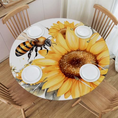 Mexpekil Runde Tischdecke, wasserdicht, abwischbar, mit elastischem Rand, Aquarell-Bienen, Sonnenblume, runder Tischschutz für Küche, Esstisch, Größe S, 101,6 - 111,8 cm von Mexpekil
