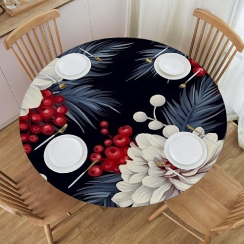 Mexpekil Runde Tischdecke, wasserdicht, abwischbar, mit elastischem Rand, Weihnachtsblume, Stechpalmenblatt, runder Tischschutz für Küche, Esstisch, Größe S, 101,6 - 111,8 cm von Mexpekil
