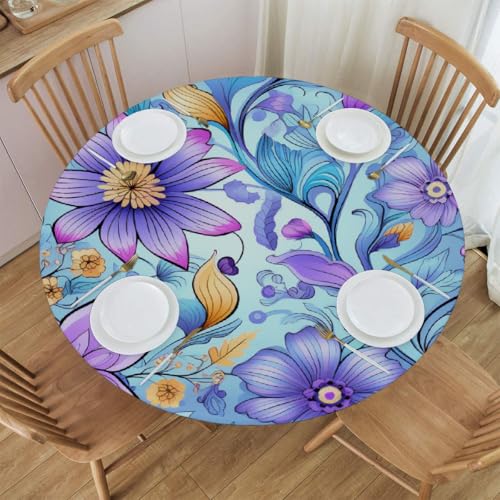 Mexpekil Runde Tischdecke, wasserdicht, abwischbar, mit elastischem Rand, buntes Blumenmuster, runder Tischschutz für Küche, Esstisch, Größe S, 101,6 - 111,8 cm von Mexpekil