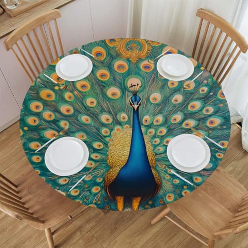 Mexpekil Runde Tischdecke, wasserdicht, abwischbar, mit elastischem Rand, ein schöner Pfau mit Federn, runder Tischschutz für Küche, Esstisch, S, 101,6 - 111,8 cm von Mexpekil