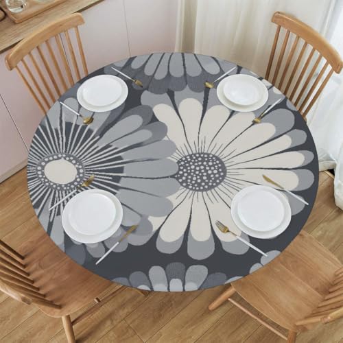 Mexpekil Runde Tischdecke, wasserdicht, abwischbar, mit elastischem Rand, graues Gänseblümchen, runder Tischschutz für Küche, Esstisch, S, 101,6 - 111,8 cm von Mexpekil